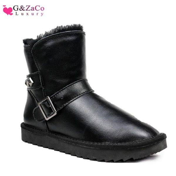 

gzaco luxury шерсть сапоги зимние из натуральной овец меха снег сапоги обувь пряжки заклепки водонепроницаемый моды кожа женская обувь, Black