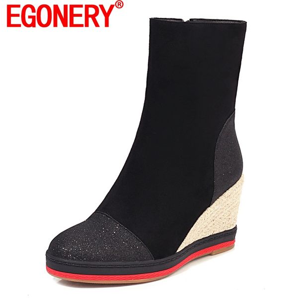 

egonery woman ankle boots round toe platform wedges high heels side zipper flock winter new style lady party shoes, Black
