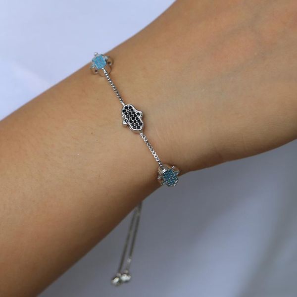 

lovely tennis link chain friendship bracelets jewelry black cz crystal palm hamsa charms bracelet adjustable for women, Golden;silver