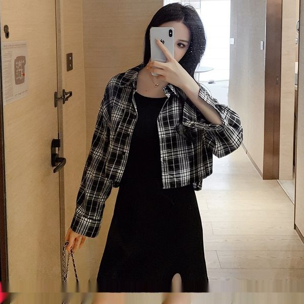 

casual fashion elegant 2020 new female royal sister western style aging plaid shirt suspender skirt suspender skirt suit sling suit two-piec, Gray
