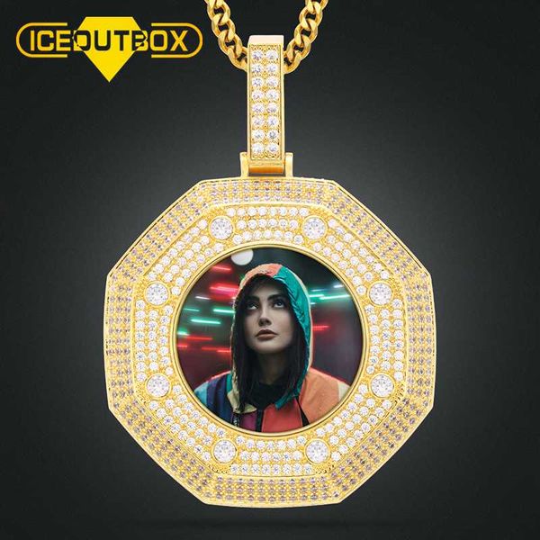 

chains iceoutbox octagon custom made po medallions pendant necklace for women men's hip hop jewelry cubic zircon tennis, Silver