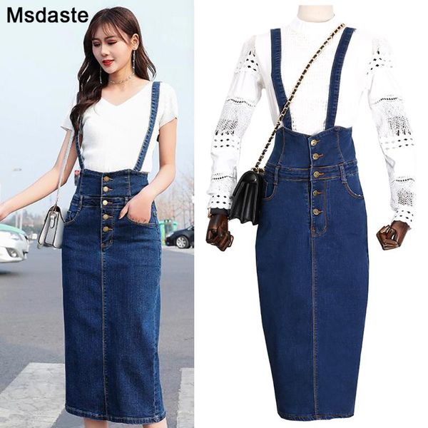 

suspender skirt plus size women overalls stretch skinny hip midi skirt vintage blue high waist overall slim denim jeans skirts, Black
