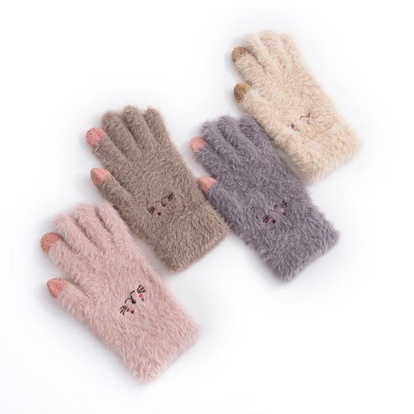 

2020 новый женский открытый мультфильм зимние перчатки handschuhe экрана full finger вязаные варежки guantes, Blue;gray