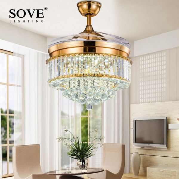 

electric fans 42 inch gold led modern crystal ceiling fan lamp living room bedroom retractable with lights remote control 220v