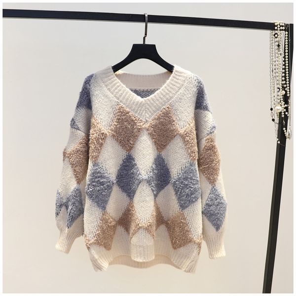 

wholesale only solo para al por mayor y envio por paquetes separados thick jacquard rhombic v-neck pullover lantern sleeve sweater female lo, White
