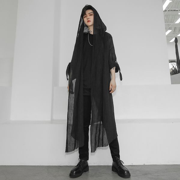 

men's trench coats mens casual open stitch hooded long cloak cape coat hip hop men solid loose trenchcoat, Tan;black