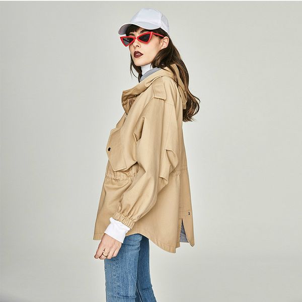 

long a-line windbreaker woman spring and autumn urban leisure woman drawstring adjustable waist show thin trench coat ya7012, Tan;black