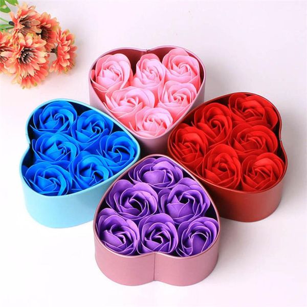 

6pcs heart scented bath body petal rose flower soap love heart metal box containe shower rose flower decor romantic gift