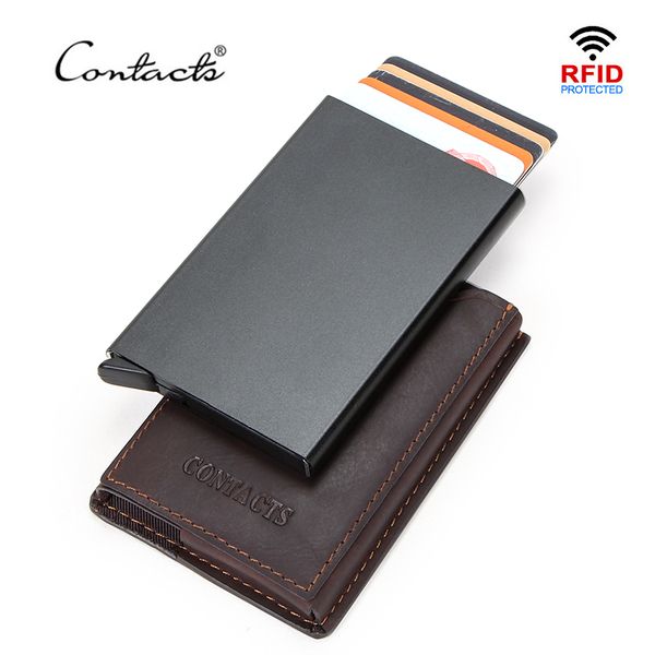 

contact's crazy horse leather rfid holder carteira business automatic up slim card wallet rfid box pasjeshouder, Brown;gray