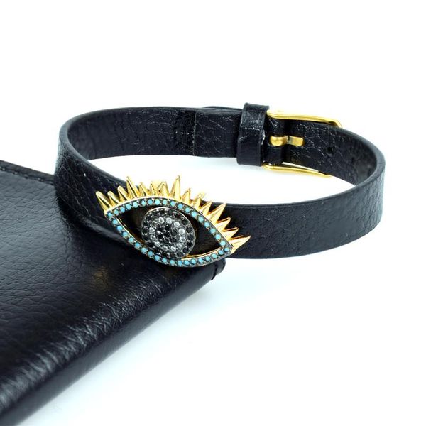 

charm bracelets exquisite black lucky eye gift leather bracelet punk wind with cubic zircon luxurious for male women jewelry, Golden;silver