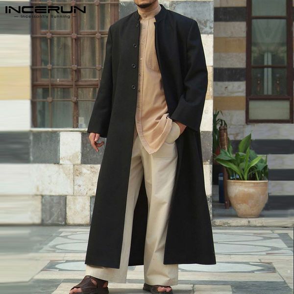 

men coats long sleeve solid streetwear faux wool blends casual mens overcoats 2020 retro button long style trench incerun s-5xl, Black