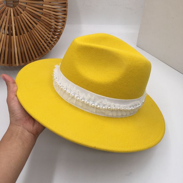 

new winter wool hat sir female han edition pearl lace elegant wide-brim hats socialite party tide yellow fedora panama, Blue;gray