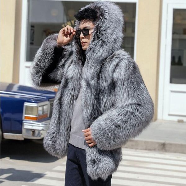 

autumn fur leather jacket mens hooded warm faux leather coat men loose jackets winter thicken jaqueta de couro grey, Black