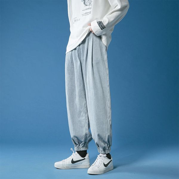 

2020 autumn new men's ankle banded solid color jeans loose youth fashion style casual pants -2xl, Blue