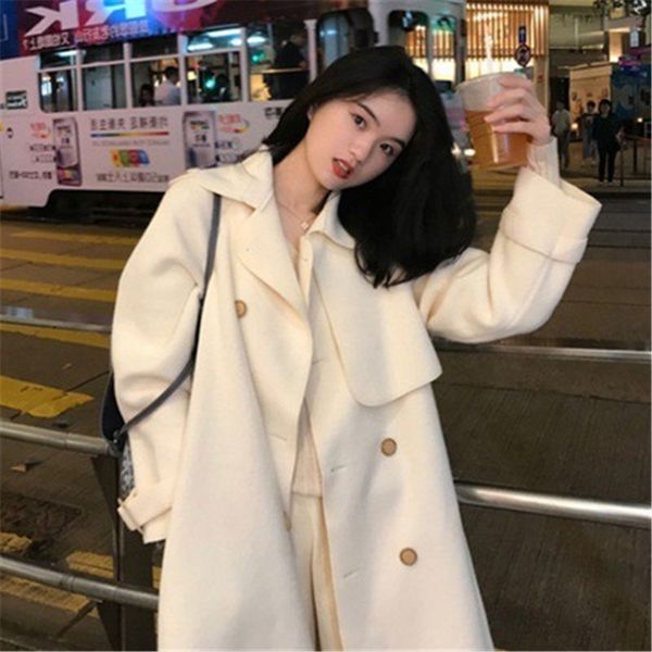 

ladies woolen mid-length coat designer womens double-sided woolen waistband drawstring trench coat fashion winter female loose outerwear, Black