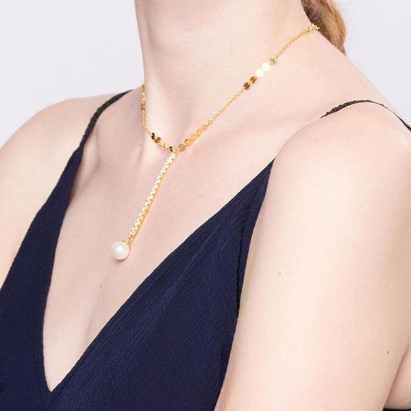 

925 silver 3a grade cz pearl long pendant necklaces for women gold disc round sequins coin chain necklaces 6pcs lot wholesale