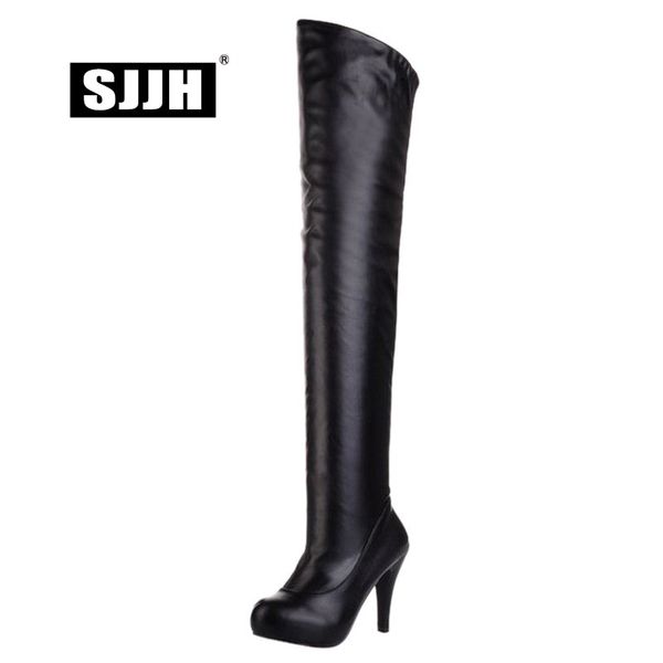 

sjjh women roman over-the-knee boots with round toe 10cm chunky zip long riding boots fashion formal party shoes large size q471, Black