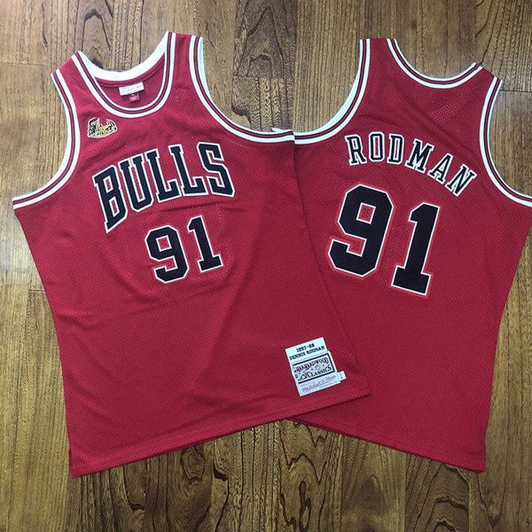 

мужчины чикаго бык 91 родман mitchell ness red 1997-98 hardwoods classics аутентичные игрока джерси, Black