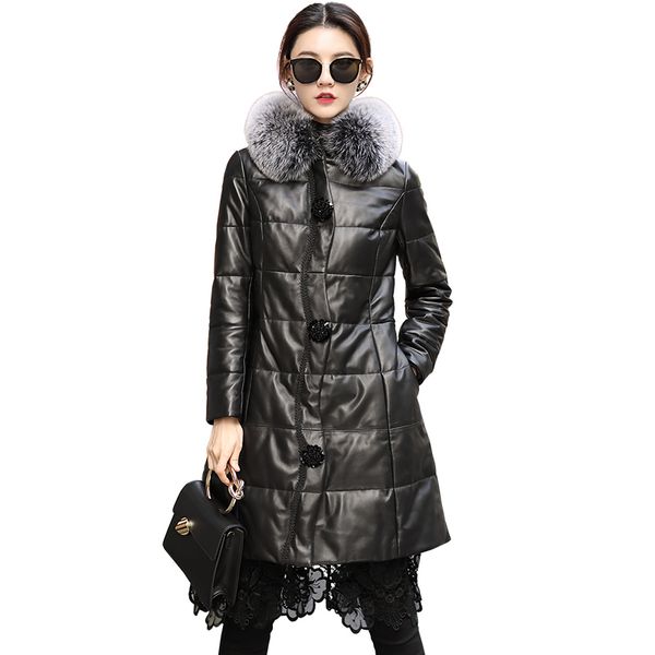 

women's leather & faux real fur hooded sheepskin down coat winter coats women clothes 2021 natural genuine jacket korean vintage 008, Black