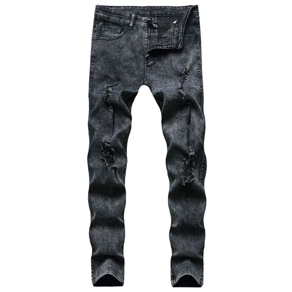 Jeans da uomo Street Style Jeans da motociclista da uomo con foro effetto consumato con cerniera Pantaloni da uomo casual in denim slim fit299l