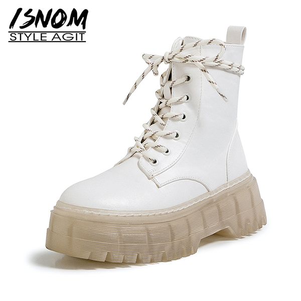 

isnom 2020 transparent outsole ankle boots genuine leather shoes platform lace up short booties ladies casual shoes, Black