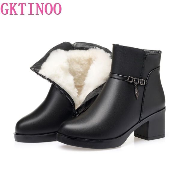 

boots gktinoo 2021 fashion soft genuine leather women ankle high heels zipper shoes warm wool fur winter for, Black