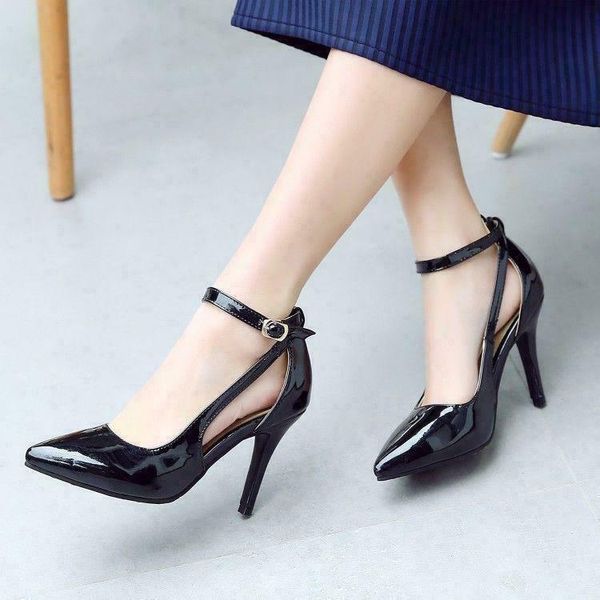 

women's stiletto ankle strap pumps sandals pointy toe high heels shoes plus size, Black