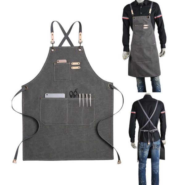 

fashion canvas kitchen apron for man women chef work apron with multiple pockets cross-back straps adjustable