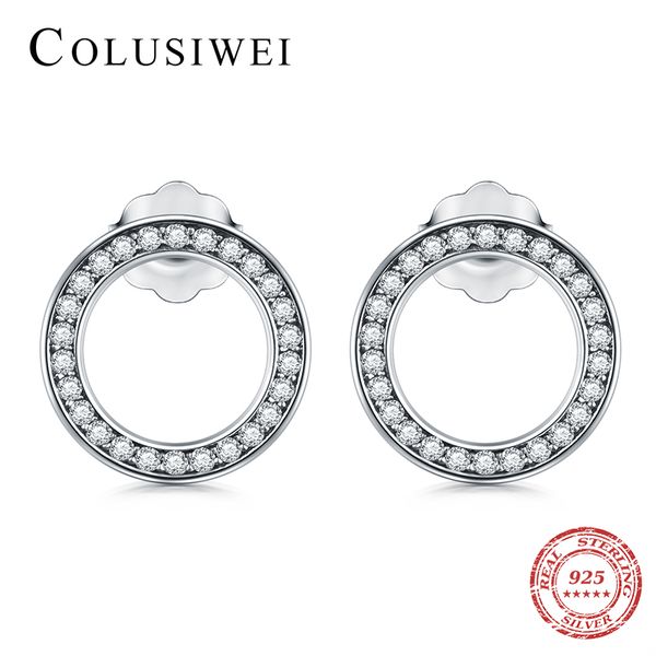

colusiwei vintage clear cz 925 sterling silver circle stud earrings for women noble ear pin fashion wedding statement jewelry, Golden;silver