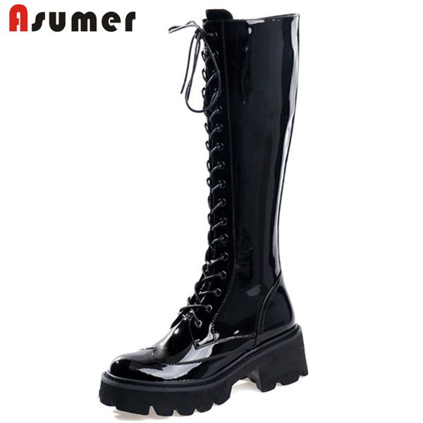 

asumer 2020 genuine leather knee high boots women lace up round toe autumn motorcycle boots fashion punk shoes woman, Black