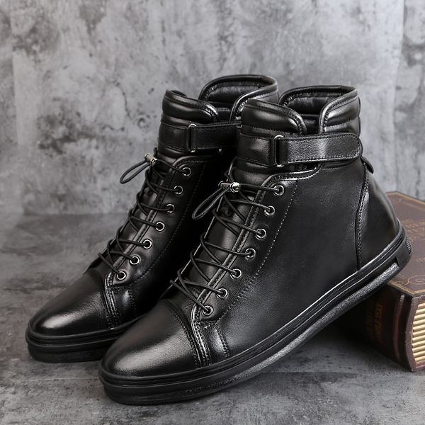 

plus size men fashion ankle boots comfortable cow leather shoes warm cotton winter snow boot flat shoe platform bota masculina, Black