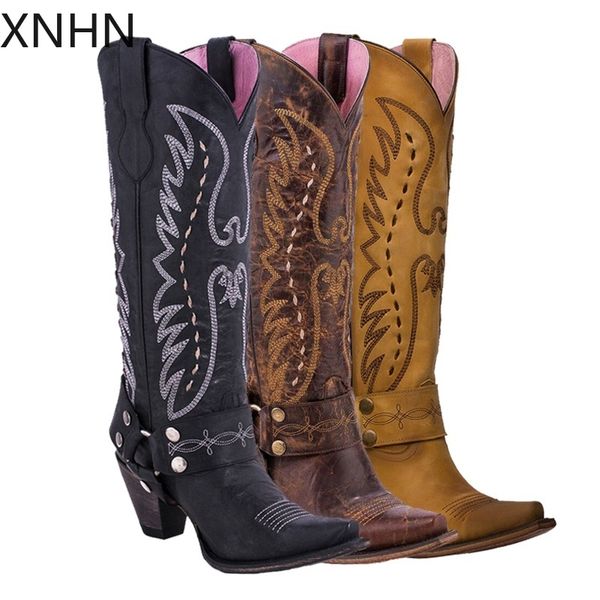 

new vintage fashion women's vagabond harness western boots leather embroidery cowgirl snip toe knight boots woman large size, Black