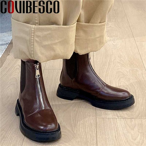 

covibesco fashion casual women ankle boots autumn winter front zipper shoes woman genuine leather platforms round toe boots 2020, Black