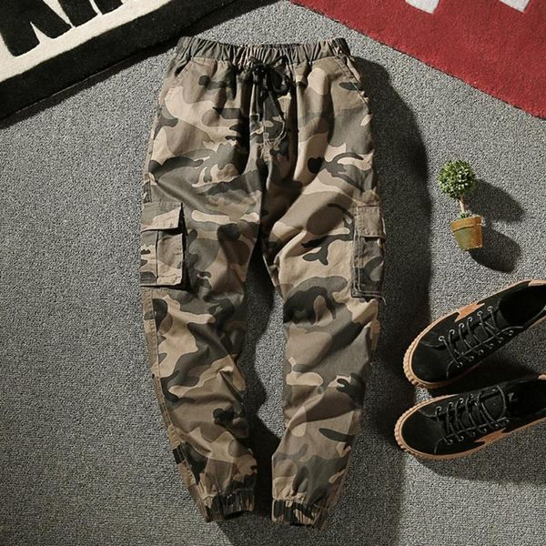 

men's pants casual cargo workwear trousers men camouflage ankle-tied multi-pockets cotton sport ninth, Black
