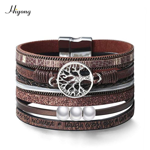 

fashion 5 colors multiple layer leather bracelet for women pearl tree of life wide wrap bracelet magnet clasp bangles jewelry, Golden;silver