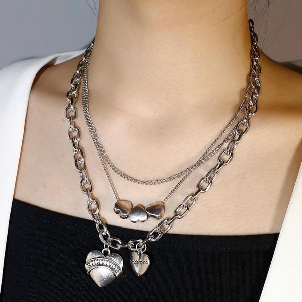 

aensoa hip hop mutillayer heart shape pendant o chain necklace punk 90s silver color pendant necklace collar women men jewelry