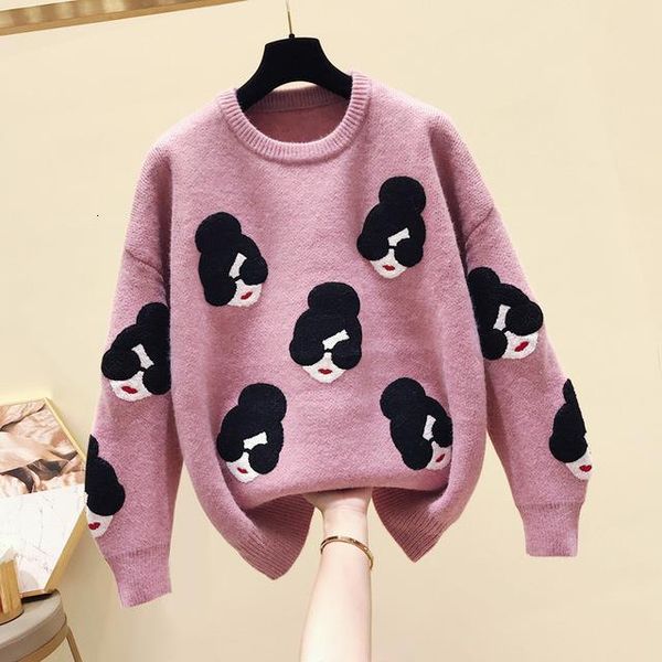 

pull femme 2020 winter autumn oversized knitted sweater women lantern sleeve embroidery cartoon thicken pullovers jumper, White;black