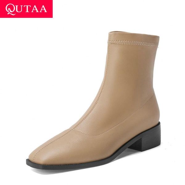 

qutaa 2021 ankle boots autumn winter square heel pu leather short boots retro square toe slip on women shoes big size 34-43, Black