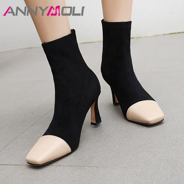

annymoli high heel ankle boots square toe woman boots zip short thin heel ladies shoes autumn winter black large size 46