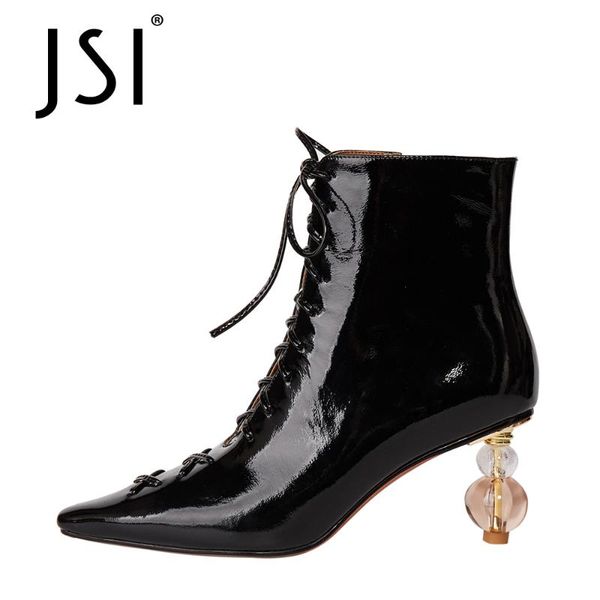 

jsi fashion ankle boots woman genuine leather pointed toe cross-tied ankle boots ladies high strange heel jo663, Black