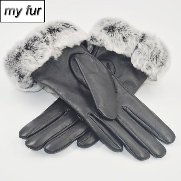 

five fingers gloves 2021 real rex fur leather women black sheepskin genuine winter warm soft, Blue;gray