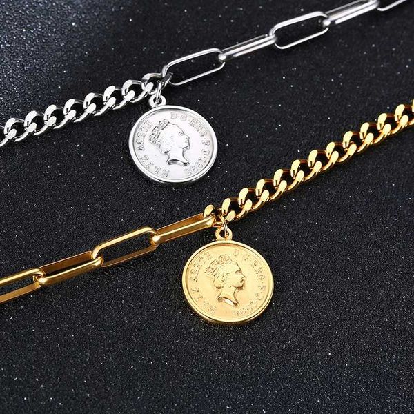 

elizabeth medallion bracelet charm gold coin bracelet with taggle clasps stainless steel bohe jewelry, Black
