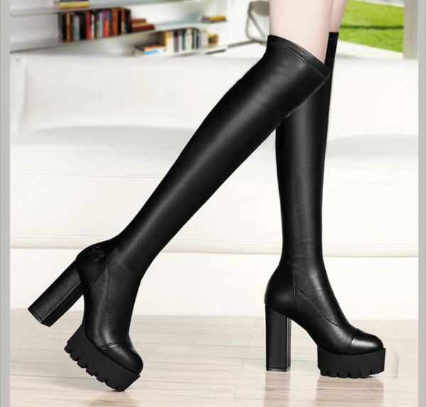 

designer designed over knee boots skinny leg elastic boots for women winter new european and american thick heel high heel boots for women, Black