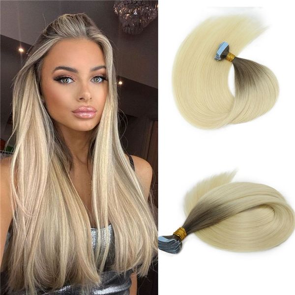 

highest quality virgin russian tape in hair extensions ombre blonde human hair skin weft invisiable tape on hair extensions 100g/40pcs, Black