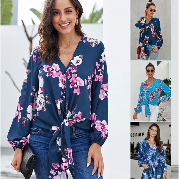 

womens designershiying shirt autumn v-neck long sleeve knot printed 252163, White;black