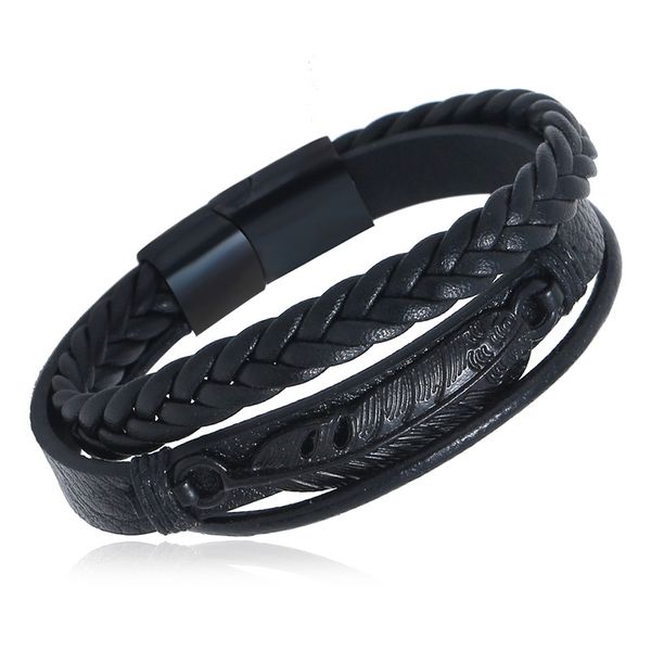 

2020 new western style trendy creative black stainless steel leather men's bracelet feather charm bracelets fashion jewelry, Golden;silver