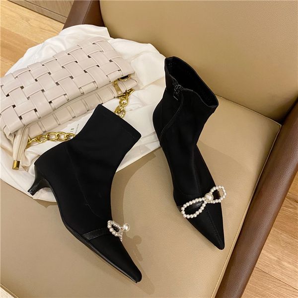 

med heel boots women's rubber shoes rain low heels booties boots-women zipper luxury designer autumn pointy ankle 2020 fashion, Black