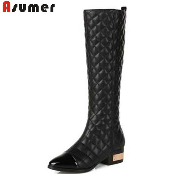 

asumer plus size 34-45 new genuine leather boots women square heel plaid black winter boots fashion ankle