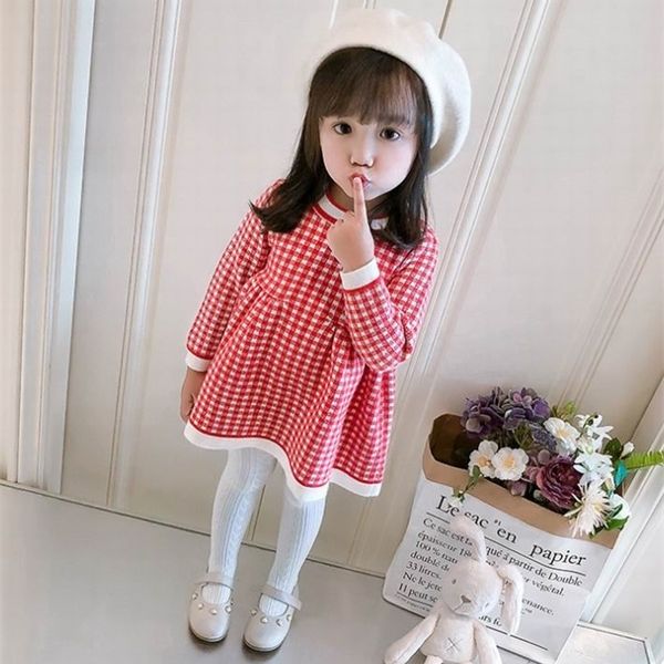 

plaid sweater dresses for baby girl knitting wool long sleeve sweet dress for baby clothes 0-4t e8814 0924, Red;yellow
