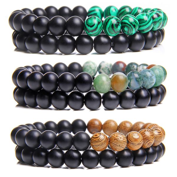 

beaded, strands 2pcs/set malachite bracelet classic natural stone agates beaded couples buddha yoga jewelry fit women men gifs, Black